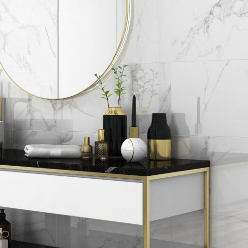 Statuario Polished Porcelain Marble Effect Tile Roomset